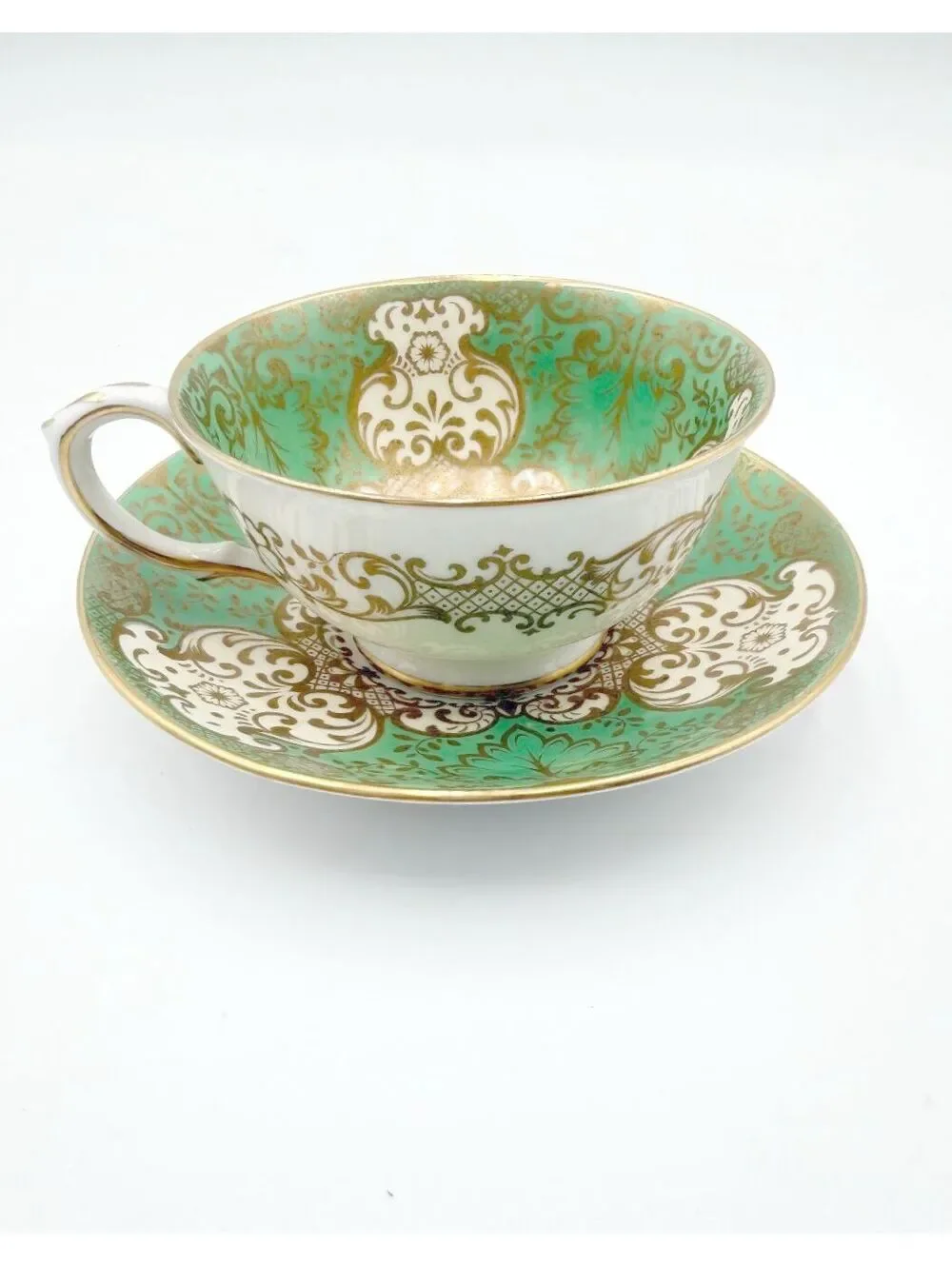 Crown Staffordshire Vintage Teacup Saucer Green Gold Floral Bone China A14099